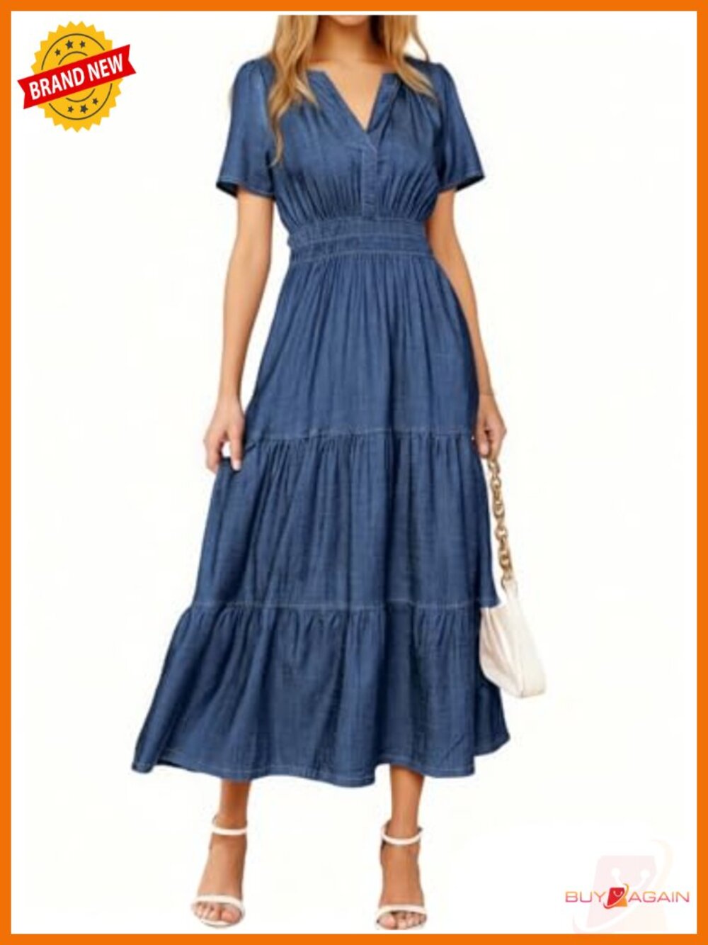 Simplee Denim Maxi Dress Short Sleeve V Neck Flowy Casual Summer Jean Dress - Picture 1 of 6
